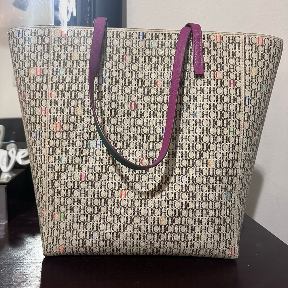 Carolina Herrera Colorful Monogram Tote with Purple Handles